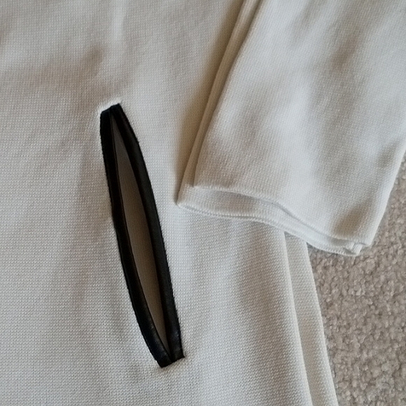 Woman's Medium Talbots Off White Open Cardigan Black Fax Leather Trim - Picture 3 of 6